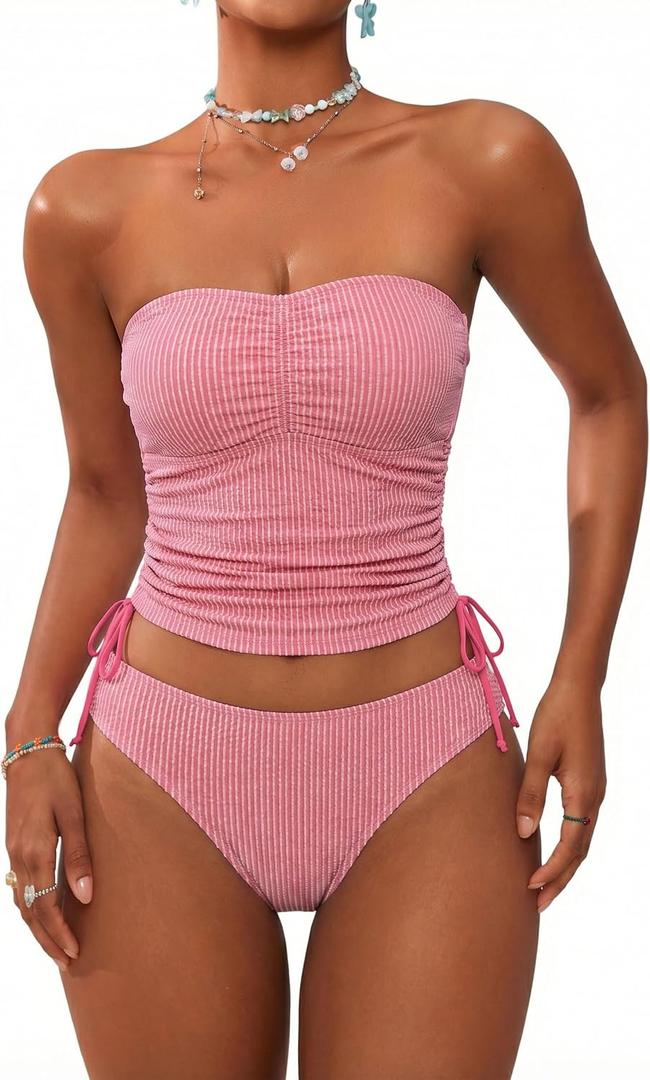 ZAFUL Women's Bandeau Tankini Swimsuit Asymmetrical Slit Bowknot String High Cut Fairyland Cheeky Bathing Suit, Large