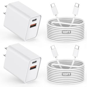 10FT iPhone 17/16e Fast Charger, 2Pack 20W Dual Port USB C+A Power Adapter 10Foot Long USB C to C Fast Charging Cable Cord Quick Charging for iPhone 17 Air/17 Pro/17 Pro Max/16/16 Pro/15/15 Pro/Pro Max (White/White)