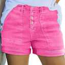 Sidefeel Womens Jean Shorts High Waisted Stretchy Buttoned Folded Hem Zimba platinum Denim Shorts (Hot Pink, Size 4)