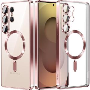 for Samsung Galaxy S25 Ultra Case.Phone Cover Clear Back Surrounding Plating Metallic Glossy.Magnetic Case Slim Thin Soft funda capa para 6.9" Built-in Lens Protector (Rose Gold)