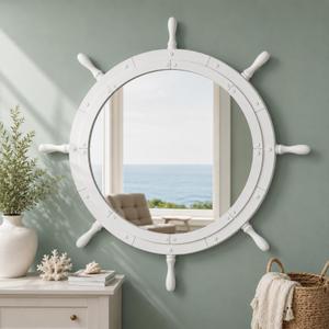 Vercraft Nautical Ship Wheel Mirror Wall Mounted Large Nautical Mirror Decorative Ship Wheel Wall Decor for Bathroom Bedroom Shelf Ornament (White Handle,30 Inch)