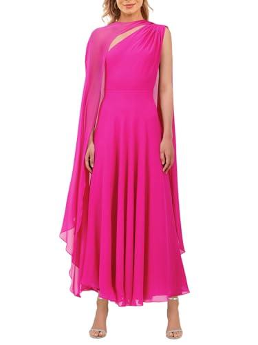 Aisbei Women's Elegant One Shoulder Dress Cape Sleeve A-Line Flowy Dress Mesh Evening Gowns Party Wedding Formal Maxi Dresses-Hot Pink, Size XS