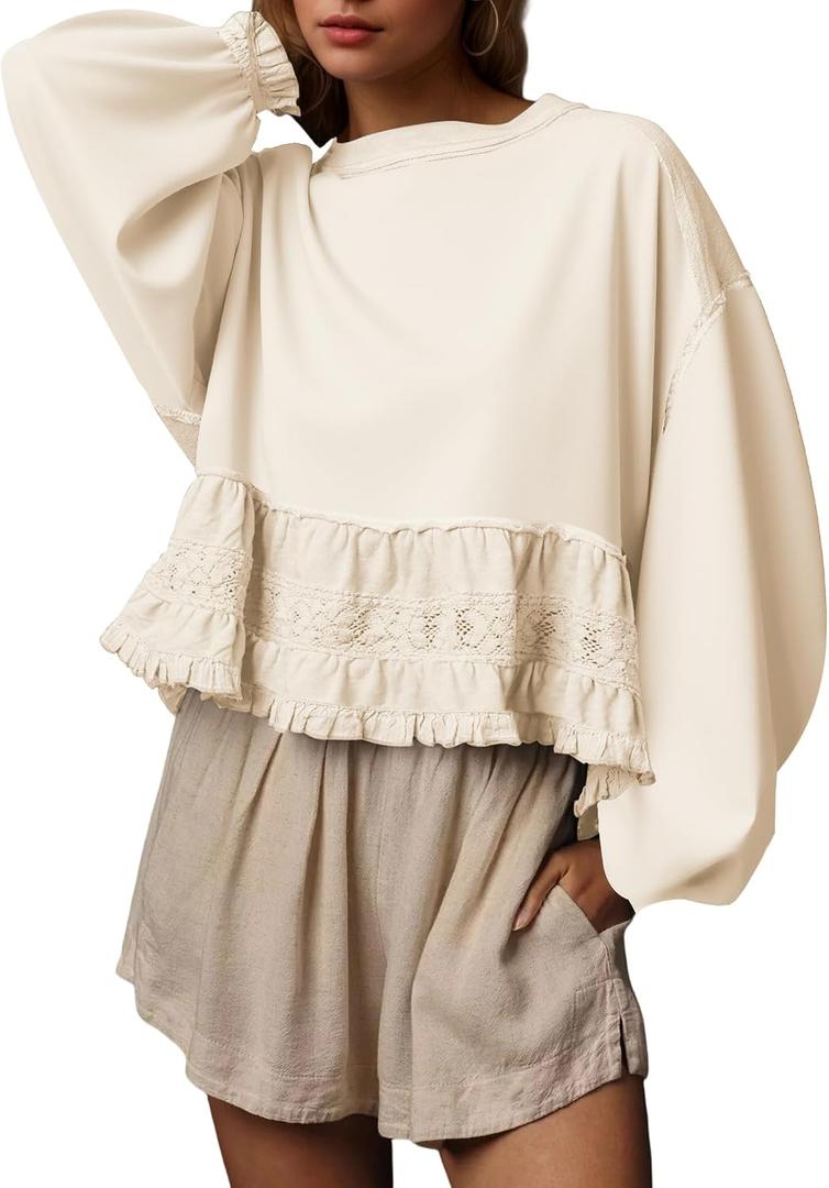 calbatic Women Oversized Peplum Sweatshirt Long Sleeve Crewneck Babydoll Top Casual Ruffle Lace Patchwork Fall Pullover (Yellow, S)