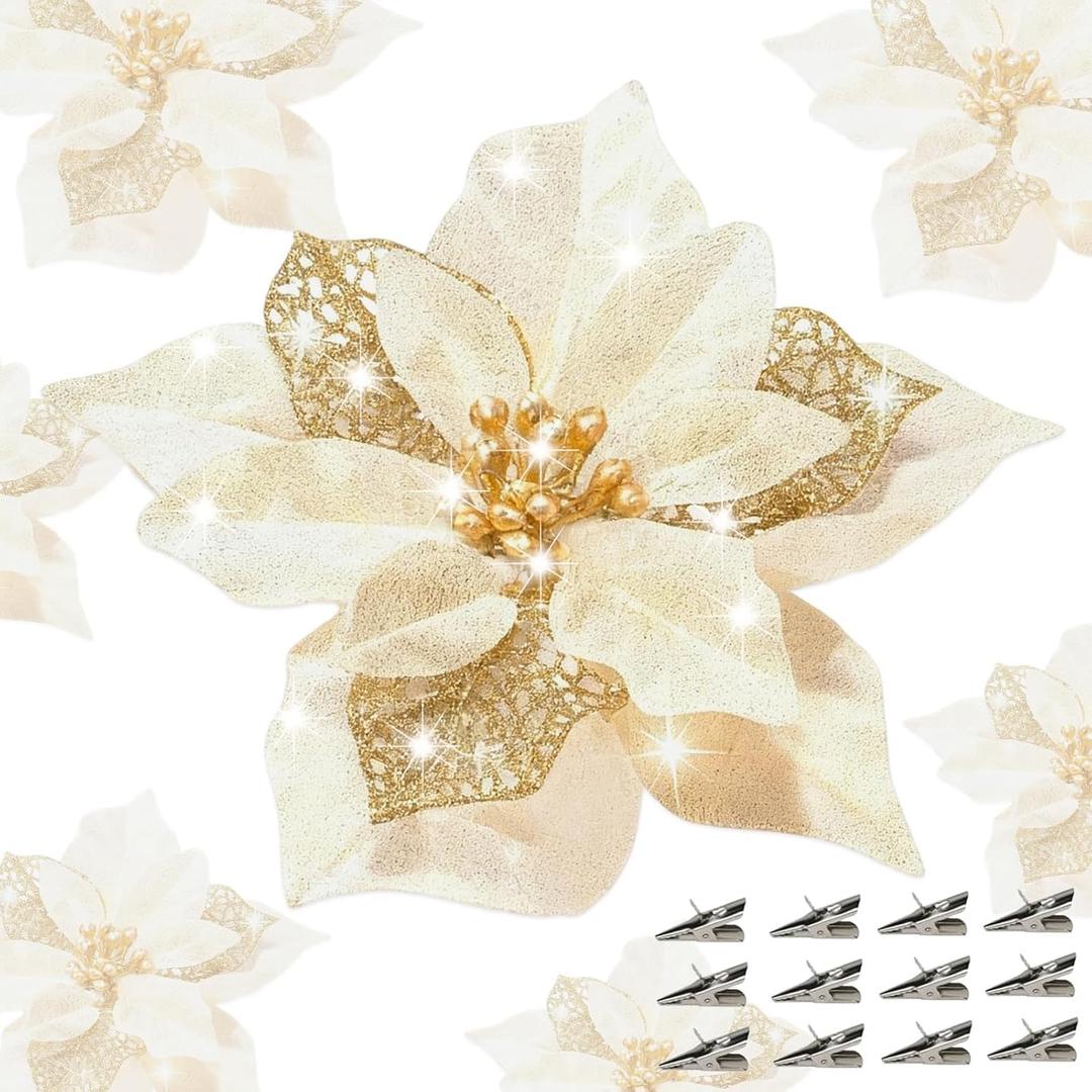 24 Pcs Christmas Poinsettia Flowers Artificial with Clips, 5.9" Christmas Decor Glitter Poinsettia Flowers for Christmas Tree New Year Wedding Party Wreath DIY Garland Decor (Gold)