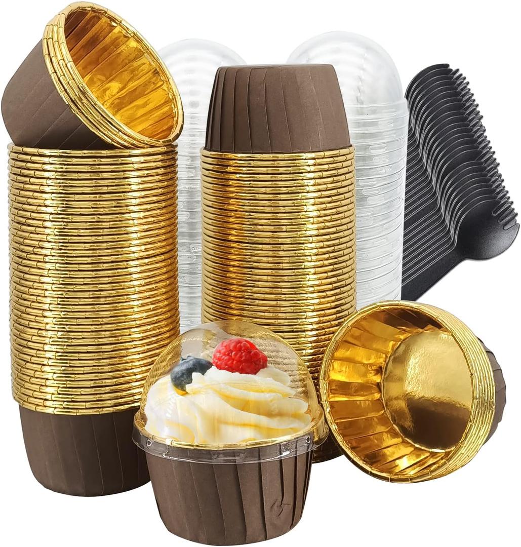 Muffin Cups with Lids 100Pack,Free-Air 3.5Oz Foil Cupcake Liners,Mini Muffin Liners Cupcake Baking Cups,Disposable Muffin Tins Cupcake Wrappers,with Spoons-Brown in gold