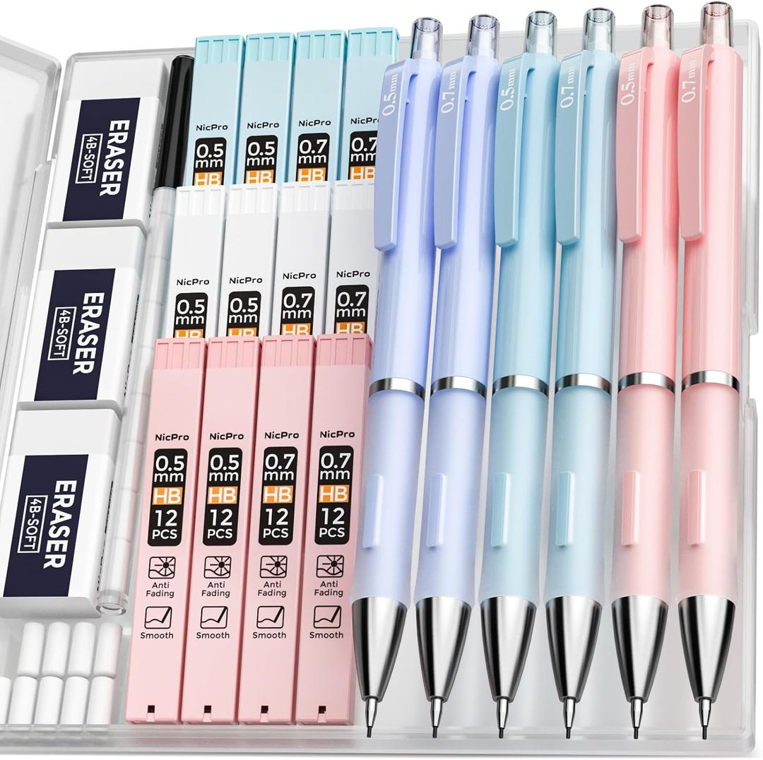 Nicpro 6PCS Pastel Mechanical Pencil Set with Case, 0.5 & 0.7 mm Cute Pencils with 12 tubes HB Lead Refills, 3 Erasers, Eraser Refills For School Supplies Student Writing, Drafting Drawing Sketching
