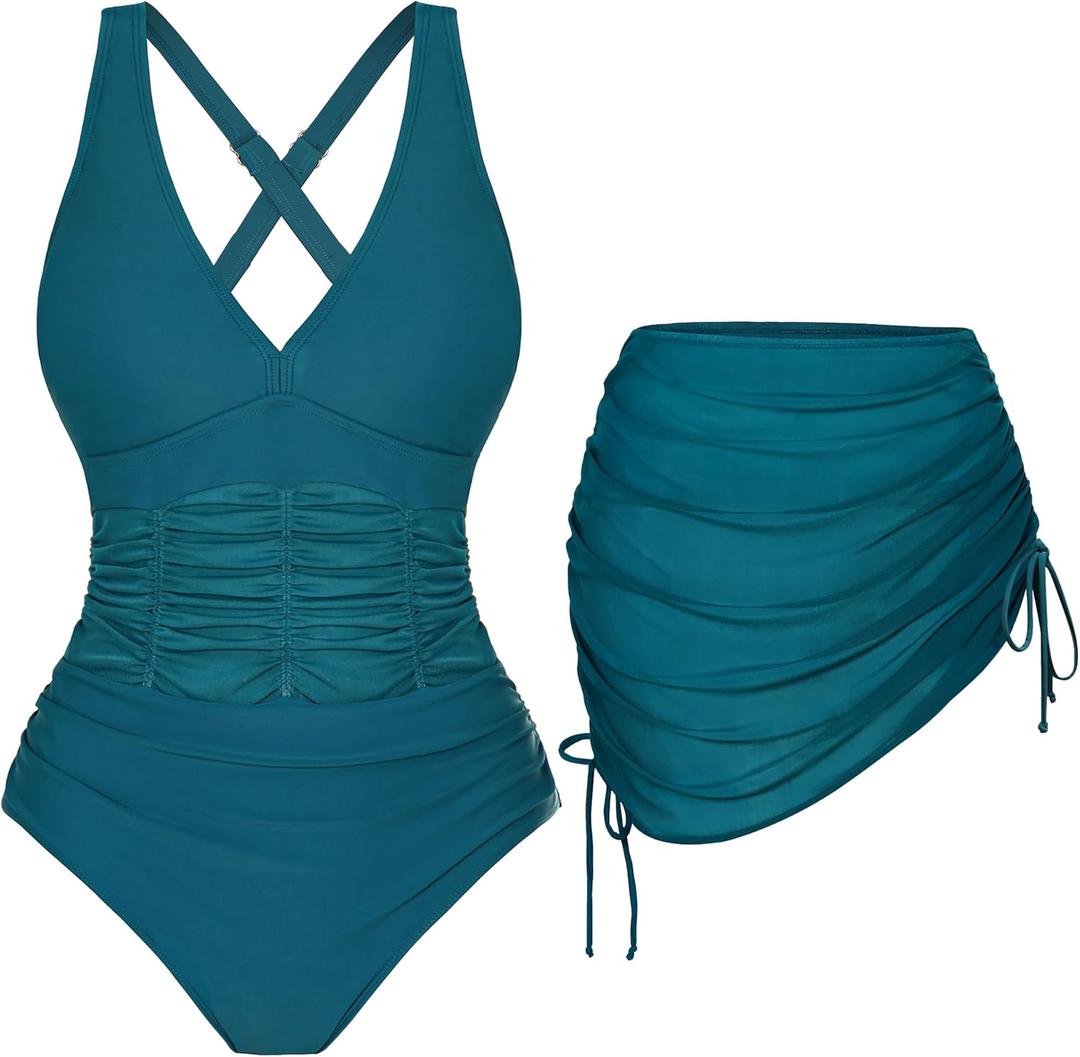 BMJL Women's One Piece Swimsuit Slimming Swim Dress Mesh Sheer Sarong Wraps Bathing Suit Swim Suits 2025 (Large, Teal)