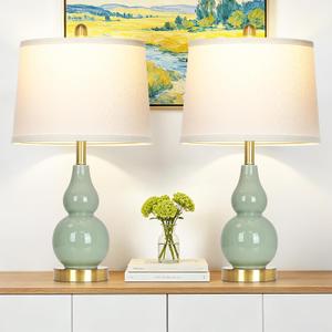 Rinweey 25" Tall Green Double Gourd Ceramic Lamps Set of 2, Modern Table Lamps for Living Room, Coastal Farmhouse Bedside Nightstand Lamp for Bedroom Nightstand Side Table Desk(2 LED Bulbs Included)