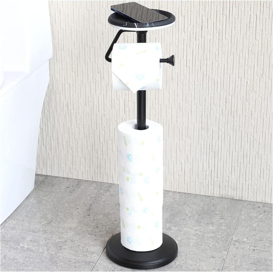 ZCCZ Black Toilet Paper Holder - Freestanding Tissue Dispenser with Shelf and Storage - 5 Roll Capacity Bathroom Stand - Modern Toilet Roll Organizer for Convenient Use and Stylish Black Design