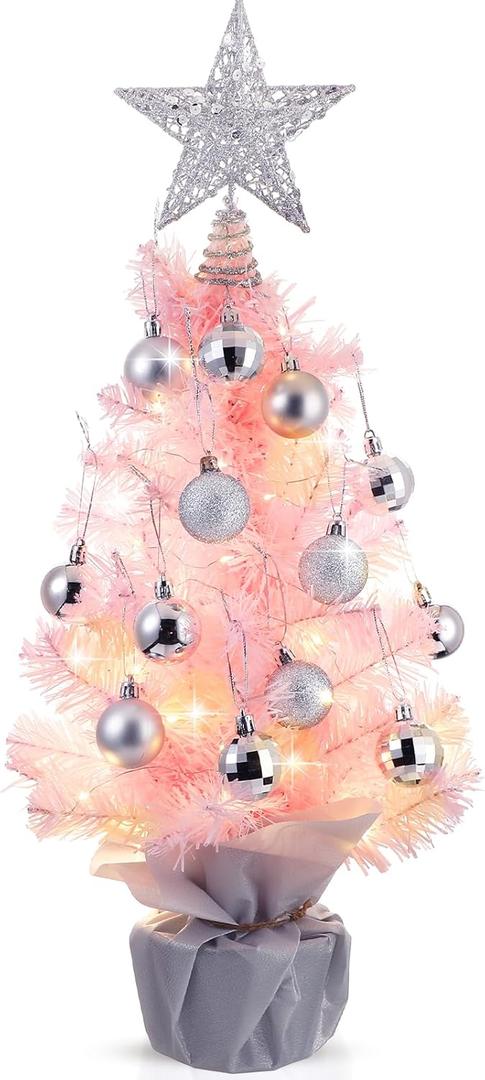 Sumind 24 Inch/2 ft Mini Pink Christmas Tree with Lights Tabletop Christmas Tree with 24 Pcs Ball Ornament Star DIY Pre-lit Small Artificial Pine for Xmas Table Home Indoor Decor (Silver Balls)