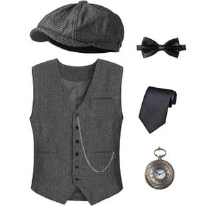 Kids 1920s Costume for Boys Vest Hat Pocket Watch Accessories Set Party Cosplay 10-11Years