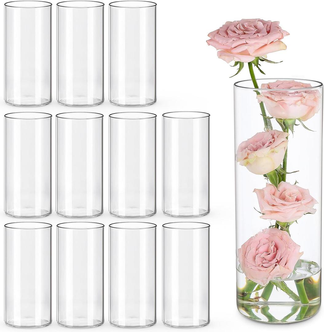 UPBUD 12pcs Glass Cylinder Vases for Centerpieces | 8 Inch Clear Flower Vase for Wedding Decorations, Floating Candle vases for Dinner Table, Bridal Shower, Office Home Dcor