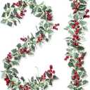 Whaline 2Pcs Christmas Artificial Garlands, 15.7Ft Xmas Berry Holly Leaves Garland Faux Greenery Garlands Winter Snowy Red Berries Hanging Vine for Wedding Party Home Decoration