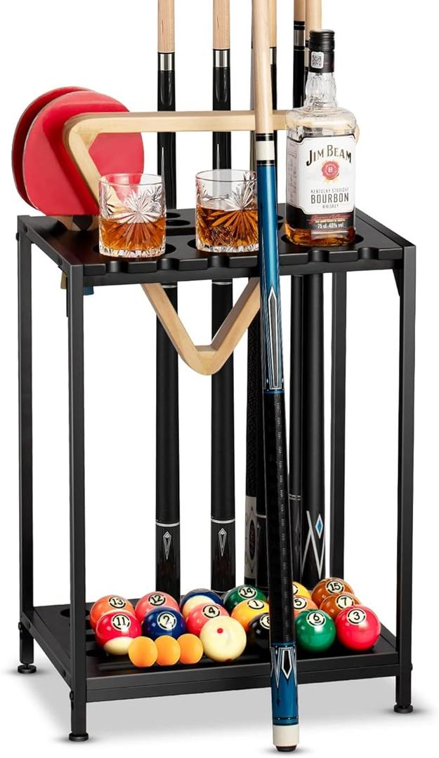 Billiards Pool Stick Holder - Pool Cue Rack Floor Stand & Ping Pong Paddle Holder Hardwood Pool Cue Holder for 12 Cues Sticks Pool Table Accessories Organizer (Black)