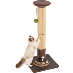 35.4" Tall Sisal Cat Scratching Post, Anti-Tip Stable Base, Interactive Mouse Hole & Toys, Furniture Grade Wood Cat Scratcher Tower for Indoor Cats
