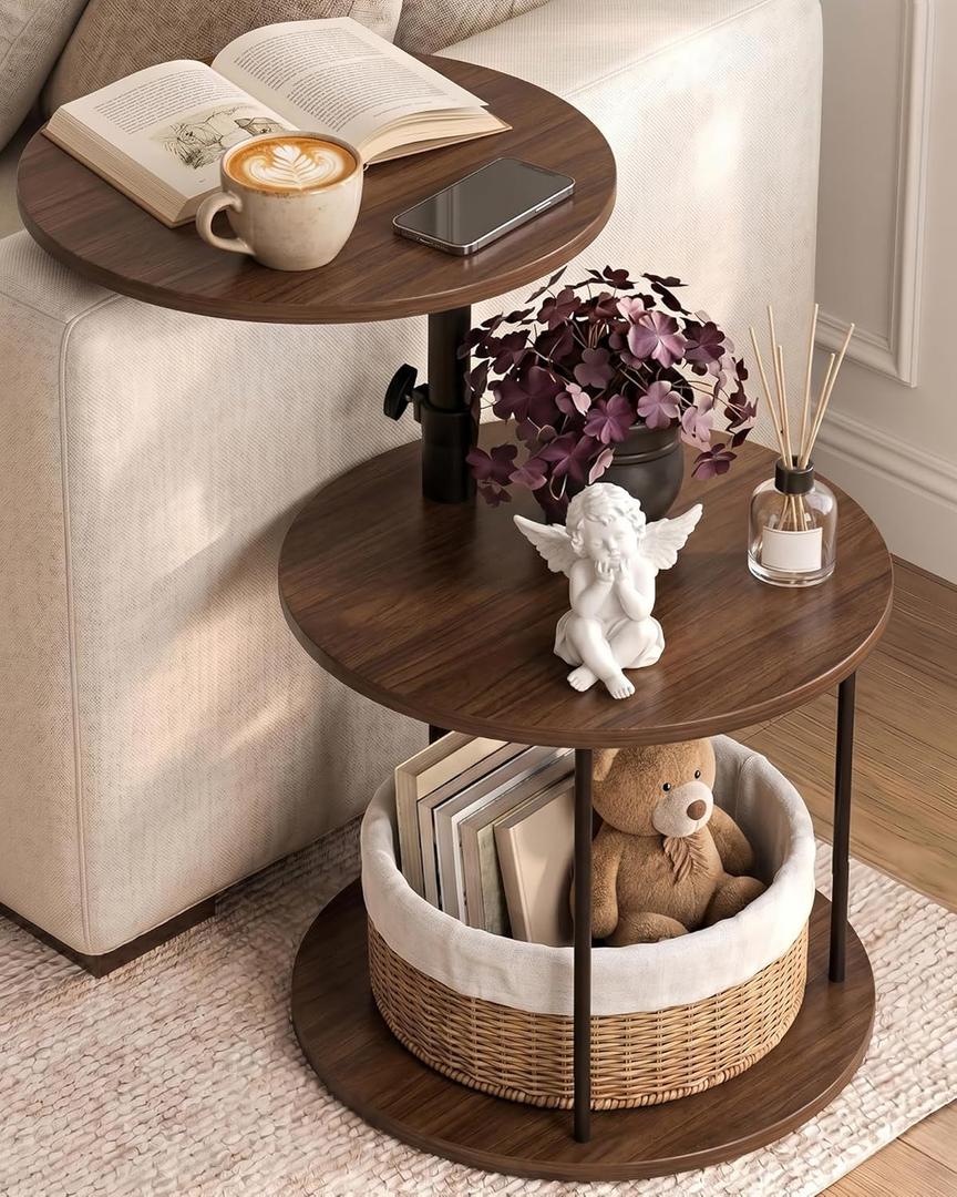 Faesun Swivel Round Table for Couch Arm, Height Adjustable C Shaped End Table for Recliner or Bed, Tv Trays with Storage Shelf for Small Spaces- Small Nightstand for Living Room, Bedroom, Walnut, Large Round