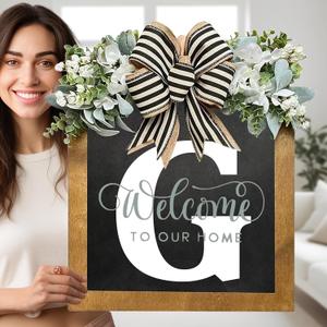16 Personalized Welcome Sign for Front Door, Last Name Wreaths for Front Door, 26 Initial Front Door Decor, Year Round Wreath, Pine Wooden Home Decor, Housewarming Gifts, (G)