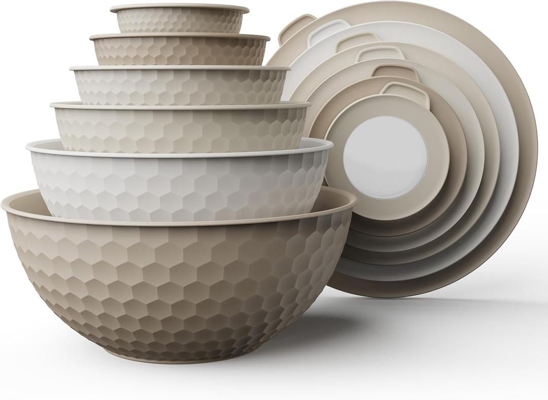 COOK WITH COLOR Mixing Bowls with Lids - 12 Piece Plastic Nesting Bowls Set includes 6 Prep Bowls and 6 Lids, Non Slip Bottom and Embossed Design - Microwave Safe (Brown)