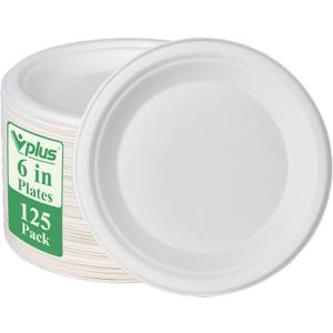 Vplus 125 Pack 6 inch Paper Plates 100% Compostable, Heavy-Duty Disposable Paper Plates Bagasse Natural Biodegradable Eco-Friendly SugarcaneWhite