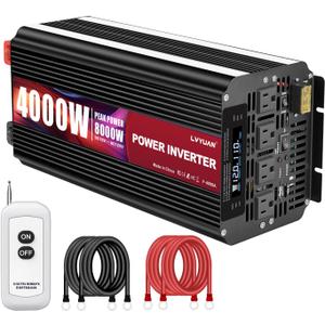 LVYUAN 4000 Watt Power Inverter 12V to 110V 120V for Vehicle, Solar Inverter System, Heavy Duty, RV, Truck, Off Grid,Camping with 4 AC Outlets, LCD Display, Wireless Remote Control, Car Power Inverter (12V-4000W)