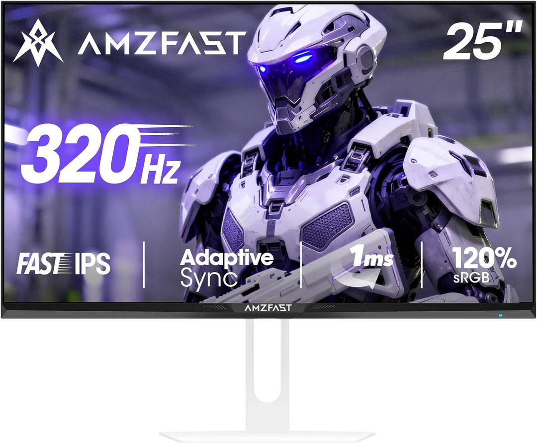 Amzfast 25 Inch White Gaming Monitor 320Hz/300Hz/240Hz, FHD 1080P 1ms Fast IPS Monitor, (DP Cable) TV Rheinland Eye Care | AI Crosshair, Night Vision Function