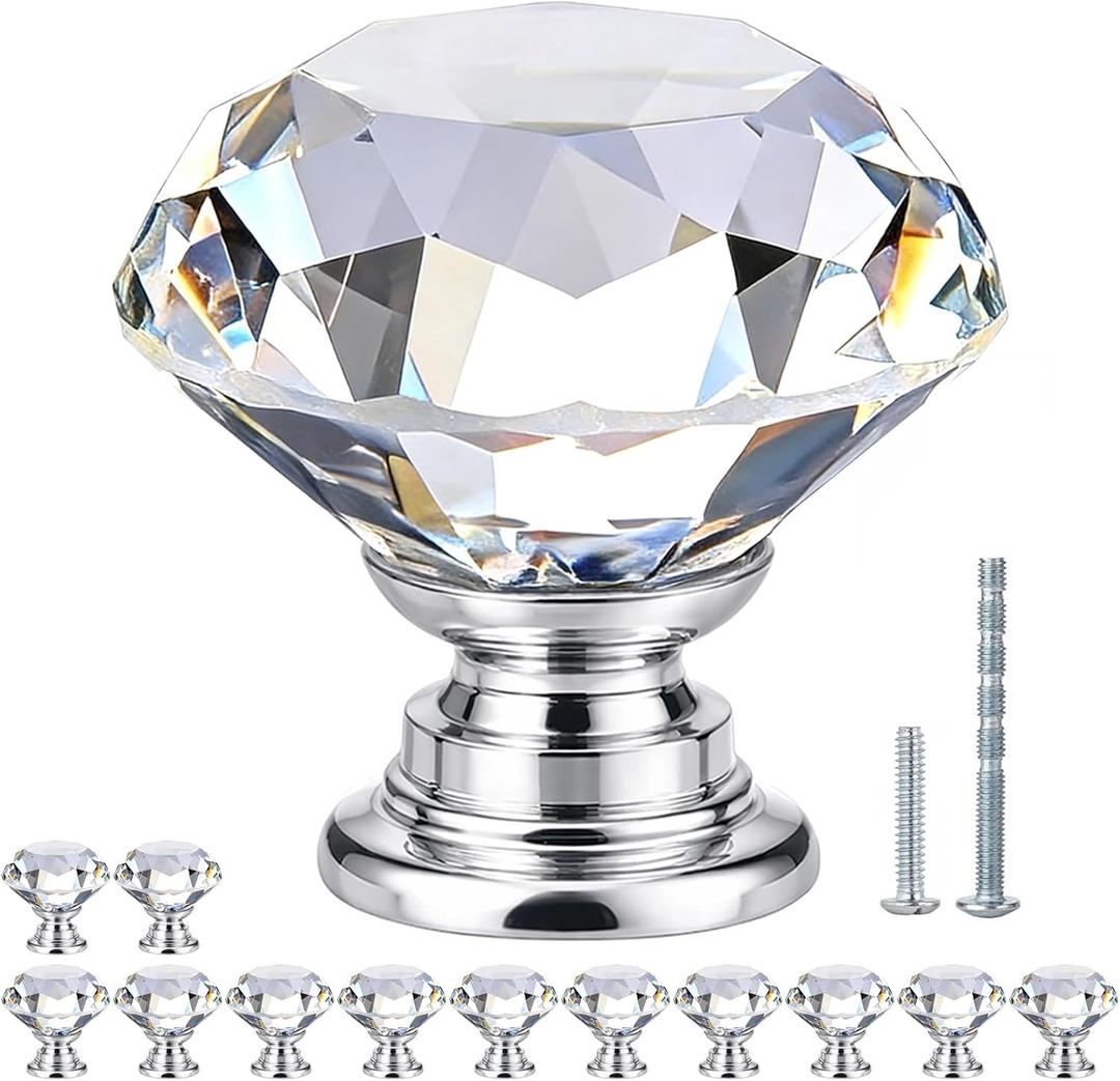 POZEAN Crystal Cabinet Knobs 12 Pack, 1-3/16 inch Drawer Knobs for Dresser with Cuttable Screws, Diamond Glass Pulls Handles (30mm, 12Pack, Clear-Silver)