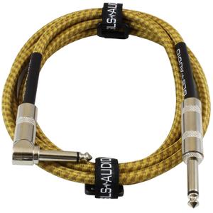 GLS Audio Instrument Cable - Amp Cord for Bass & Electric Guitar - Straight to Right Angle 1/4 Inch - Brown/Yellow Braided Tweed - 6ft Electric Guitar Cable