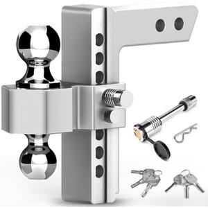 Adjustable Trailer Hitch - 8 Inch Drop Hitch (Fits 2-Inch Receiver), 12,500 LBS GTW Aluminum Tow Hitch, (2" & 2-5/16") Chrome Plated Steel Ball Mount & Anti-Theft Locking Hitch Pins