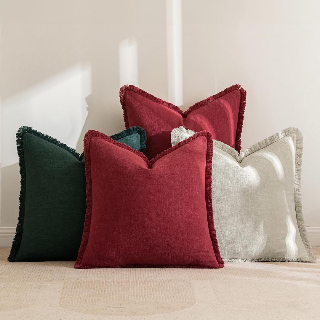 MIULEE Linen Pillow Covers 20x20 Inch Decorative Throw Pillows with Fringe Pack of 4 Soft Farmhouse Boho Couch Pillows Home Decors for Sofa Cushion Living Room Bed Dark Green and Burgundy (20" x 20" (Pack of 4), Dark Green and Burgundy)