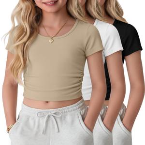 3 Pack Teen Girls Fitted Crop Tops | Short Sleeve, Round Neck, Cute Tees, Summer, Ruched, Basic Tops, Soft, Trendy, School Outfit, Youth, Activewear, Sizes 5-16