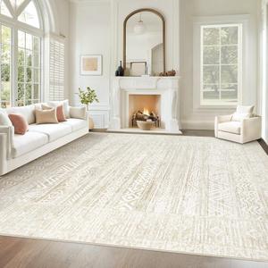 Living Room Rugs 8x10: Washable Moroccan Geometric Boho Rug Farmhouse Non Slip Stain Resistant Large Rug Low Pile Soft Carpet for Bedroom Dining Room Kids Room (Ivory Beige, 8'x10')