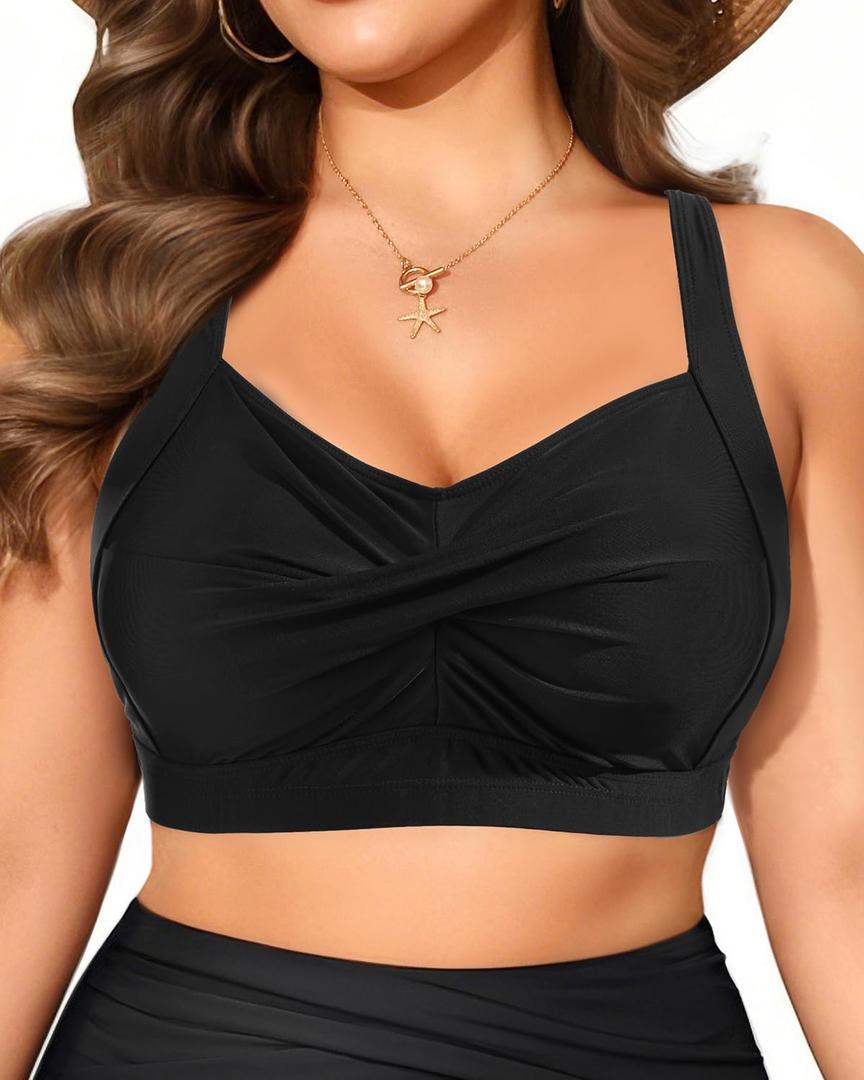Daci Women Plus Size Push up Bikini Top Only Full Coverage Swimsuit Tops Twist Front Bathing Suit Bra for Large Bust (Black, XL)