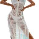 OYOANGLE Women's Crochet Hollow Out Swimsuit Cover Up Deep V Neck Sleeveless Beach Midi Dress Swimwear (White, S)