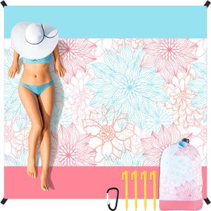 CRASHOT Beach Mat, Blanket Waterproof Sandproof, 79''x83'' Floral Extra Large Outdoor Portable Lightweight Picnic Blanket with 4 Stakes and Carabiner for Picnic Camping Hiking