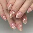 Nude Pink Flower Press on Nails Short Fakes Nails Almond Shape False Nails with Spring Flower Desings Nail Press Ons Full Cover Glue on Nails Spring Gold Lines Acrylic Nail for Women