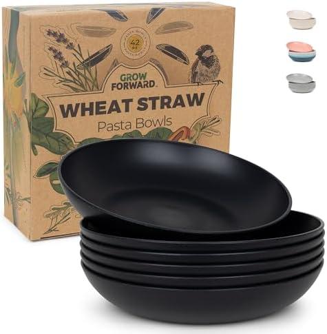 Grow Forward Premium Wheat Straw Pasta Bowls - 42oz Unbreakable Wide & Shallow Dinner Plate Bowls Set of 6 - Microwave Safe Reusable Plastic Pasta Bowls for Kids, Adults, Salad, Camping, RV - Midnight