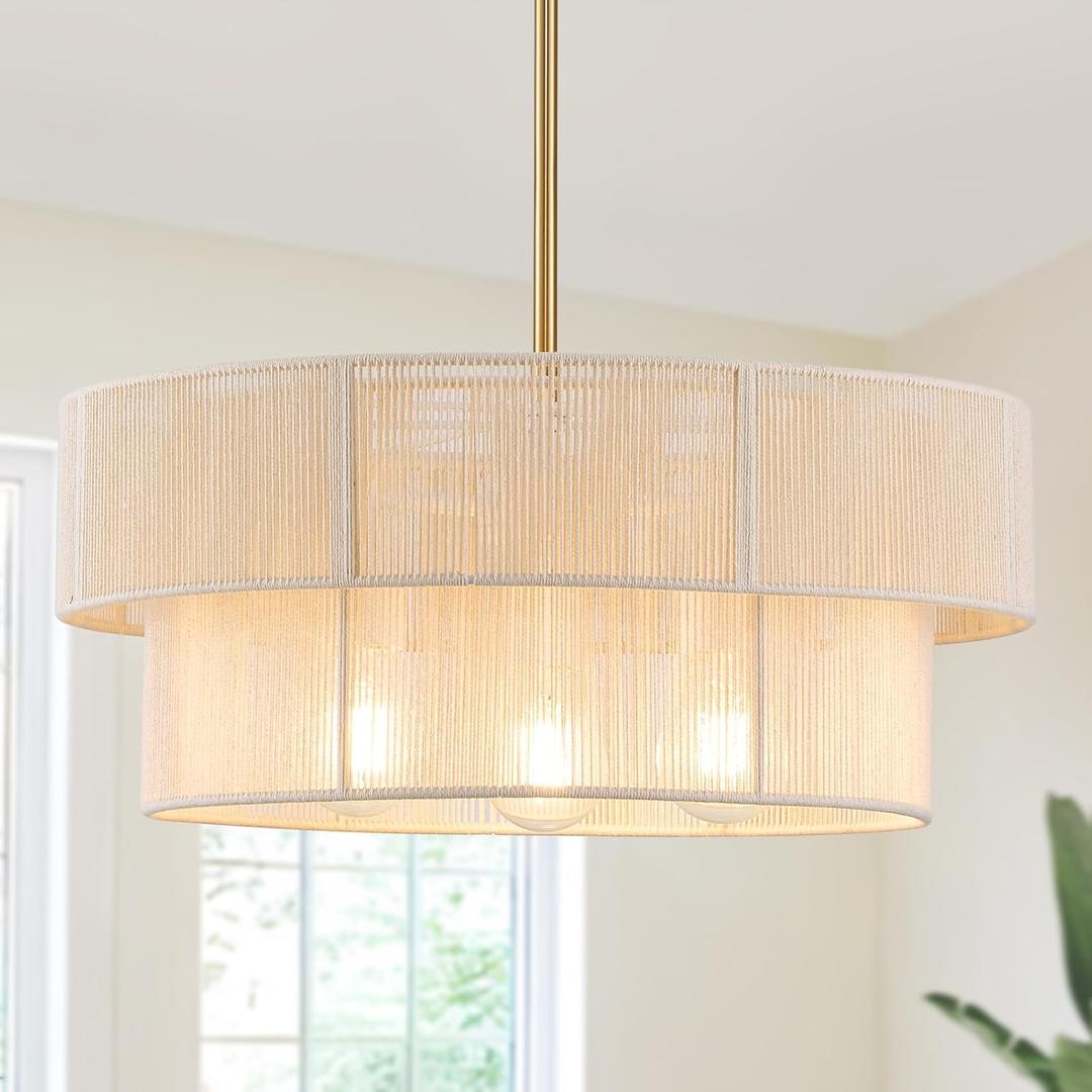 17.7 inchesHand Woven Rattan Chandelier Boho Pendant Light, Adjustable Coastal Hanging Light for Kitchen Island Dining Room Living Room, White, UL Listed, 1 Pack