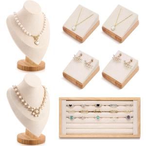 7 Pcs Velvet Jewelry Bust Display for Vendors with Bamboo Stand Set Necklace Display Stand Bamboo Ring Earring Organizer Christmas Gift(Beige)
