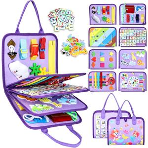 Esjay Toddler Busy Board Montessori Toys for Girls, Sensory Book Educational Activities Learning Fine Motor Skills, Birthday Gifts for Girls Toddlers, Travel Toys for Airplane Car, Purple Merpeople