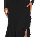 BORIFLORS Women's Bodycon Ruched Mesh Long Sleeve Maxi Dress Mermaid Ruffle Formal Cocktail Party Long Dresses (Medium, Black)