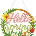 Spring Decoration Door Wreath, Wooden Hollow Floral Hello Spring Sign for Front Door Wall Sign Home Decor Farmhouse Wall Hanging Indoor Outdoor Party Supplies
