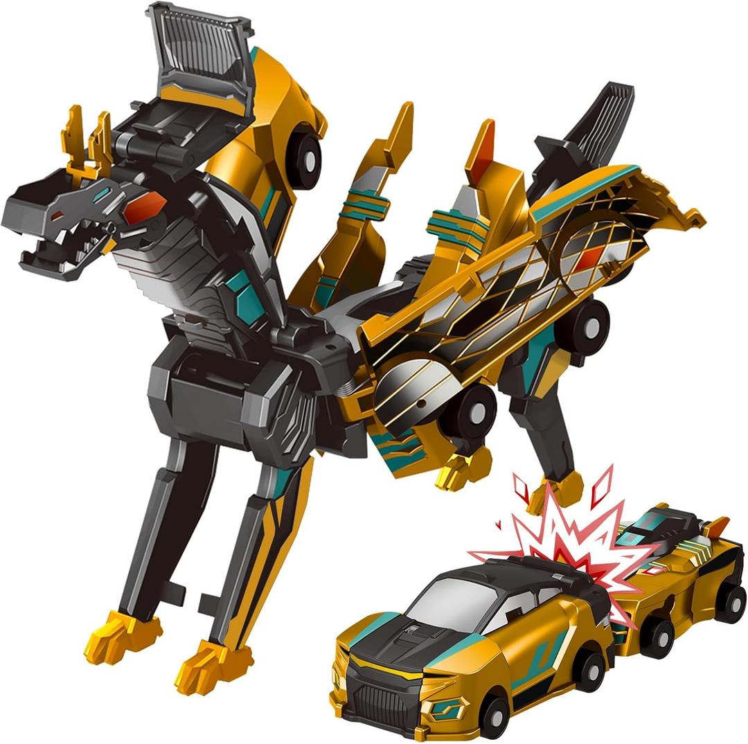 Collision Transforming Dinosaur Car Toy, 2 Magnetic Cars Transform into Dinosaur Toys for Kids Toddler Fun Deformation Robot Dino Car Christmas Birthday Gift Toys for Boys Girl(Golden Dragon)