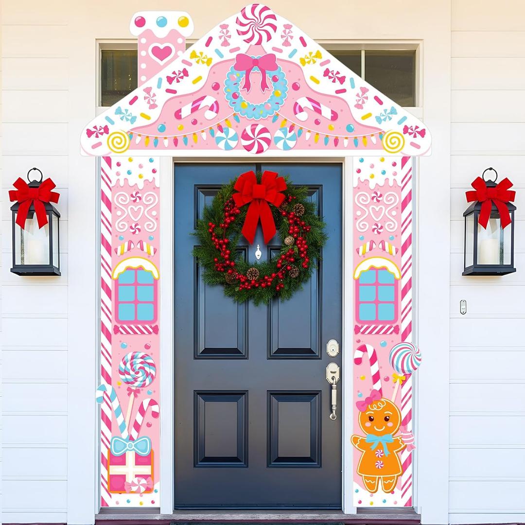 3 Pcs Pink Candy Christmas Door Decorations Gingerbread House Front Door Cover Banner Porch Sign Xmas Hanging Decoration Party Supplies for Holiday Winter Classroom Home Office Ornament