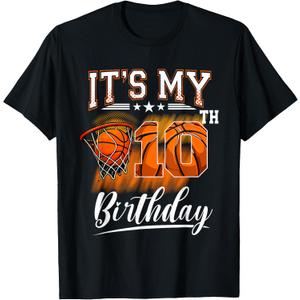 It's My 10th Birthday Basketball Theme 10 Years Old Birthday T-Shirt (Black, L)