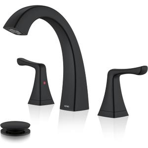 KENES Black Bathroom Faucets for Sink 3 Hole, Matte Black 8 Inch 2 Handle Widespread Bathroom Faucet, Bathroom Vanity Faucet with Pop Up Drain & Supply Lines, LJ-9075-2