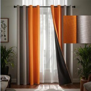 F-CHU 100% Blackout Curtains for Bedroom Grey and Burnt Orange Patchwork Curtains Thermal Insulated Room Darkening Window Drapes for Living Room Grommet 63 inch Long 2 Panels