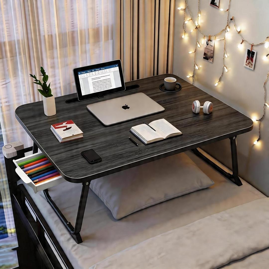 27.6" Home Office Folding Lap Desk with Drawer, Tablet Slot, Cup Holder - Fits up to 18 Inch Laptops, Bed Desk for Reading, Writing, Eating, Portable Laptop Table for Sofa, Coach, Floor (Black)