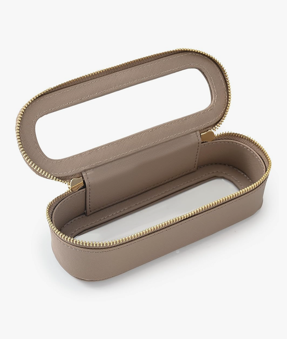 Aveniee Slim Clear Makeup Brush Bag, Small Cosmetic Brush Holder, Mini Toiletry Bag Travel Case for Women, Thin Make up Bags with Dual Zipper, Cute Travel Essentials Bag Organizer - Taupe