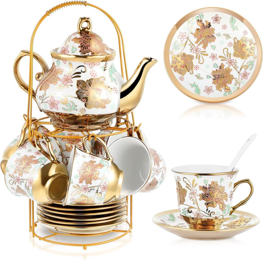 Zhehao 20 Pcs Porcelain Tea Set with Metal Holder and Spoon Adult Ceramic Tea Set European Flower Painting Teapot Cup Saucer Spoon for Women, Large Version(Elegant Style)