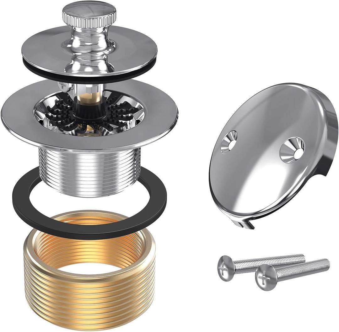 All Metal Lift & Turn Bathtub Drain Kit with Two-Hole Overflow Faceplate, Replacement Bath Tub Drain Trim Set Fine/Coarse Thread Conversion Kit Assembly, Tub Drains and Overflow -Chrome Plated